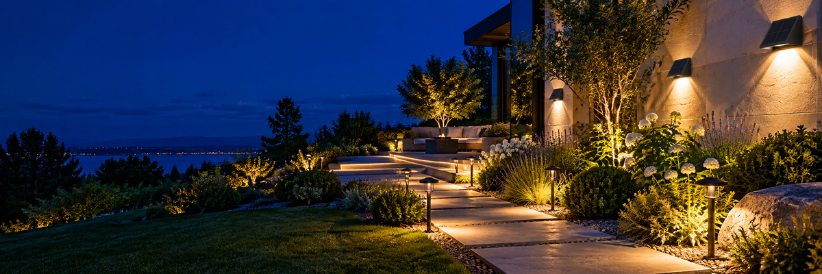 Escena nocturna de jardín con apliques y luces solares encendidas